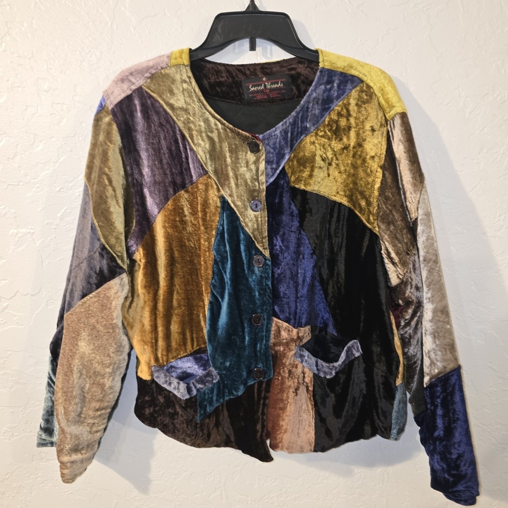 Sacred Threads Cardigan Jacket Velvet Patchwork Boho Button Gypsy S/M